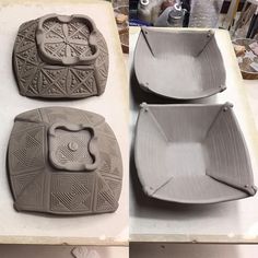 four pieces of pottery sitting on top of a white counter next to each other in different shapes and sizes