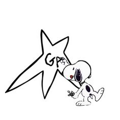 a drawing of a dog holding onto a star with the word gap written on it