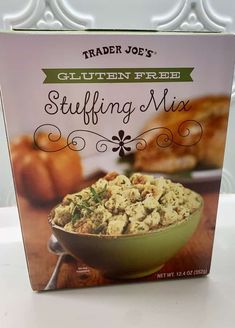 trader joe's gluffin free stuffing mix in a green bowl on a counter