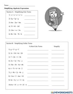 the worksheet for adding and subming expressions to an expression with pictures on it