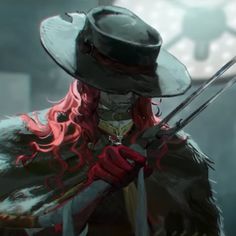 a man with long red hair wearing a hat and holding two swords in his hands