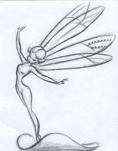 a pencil drawing of a fairy holding a frisbee in her hand and standing on one leg