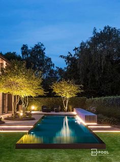 an outdoor swimming pool surrounded by trees and lawn area with lights on the water's edge