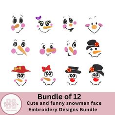 the bundle of 12 cute and funny snowman face embellishment designs is shown