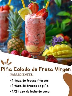 an advertisement for a tropical drink with strawberries and pineapples