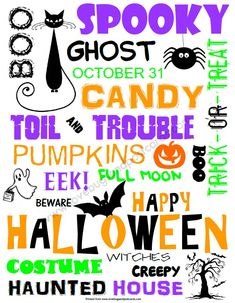 a halloween poster with words written in different colors and shapes, including pumpkins, ghost, spider, candy, candelabra, jack - o - o'- lanterns