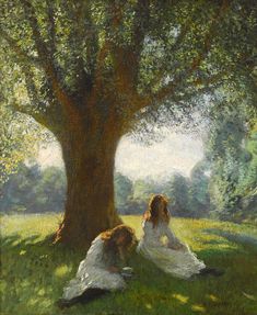 two women sitting under a large tree in the shade, one is leaning on her head