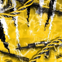 a yellow background with some black and white objects on it's sides, including wires