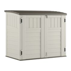 an outdoor storage shed with doors open