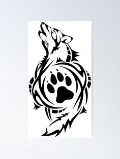 a black and white drawing of a wolf's paw poster