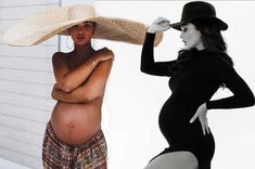 a pregnant woman wearing a large hat next to an image of a man in shorts