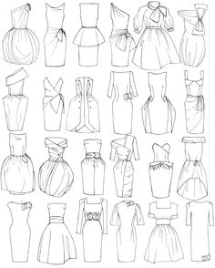 a bunch of dresses that are drawn in black and white