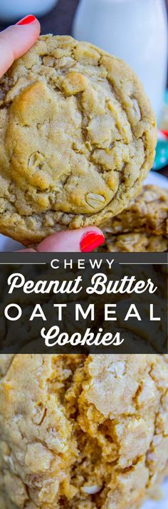 chewy peanut butter oatmeal cookies on a plate with text overlay