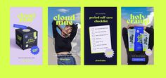 three vertical banners with the words cloud nine and an image of a man holding up his hands