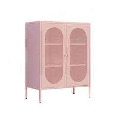 a pink cabinet with two doors on the front