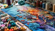 the table is covered with many different types of thread and beads, including bead spools