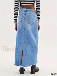 Bjux - Chic Blue Raw Hem Denim Maxi Skirt with Slant Pockets and Split Back Design, Offering a Loose Fit - Premium Womens Denim Apparel Full-length Denim Blue Skirt With Frayed Hem, Denim Blue Full-length Skirt With Frayed Hem, Full Length Denim Blue Skirt With Frayed Hem, Full Length Medium Wash Denim Skirt With Frayed Hem, Spring Full Length Denim Skirt With Frayed Hem, Spring Full-length Denim Skirt With Frayed Hem, Fall Care, Womens Denim, Denim Maxi