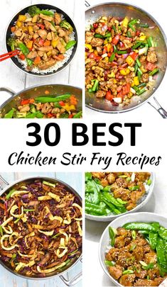 the best chicken stir fry recipe is shown in four different pictures, including vegetables and meats