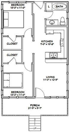 the floor plan for a two bedroom, one bathroom apartment with an attached kitchen and living room