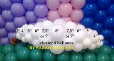 balloons are arranged in the shape of a rainbow with measurements for each balloon, or size