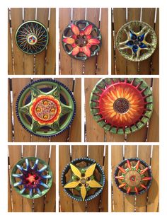 many different pictures of decorative plates on a table