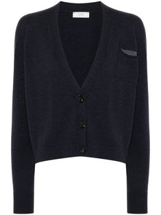 navy blue virgin wool-cashmere blend knitted construction Punto Luce chain trim detail front button fastening V-neck drop shoulder long sleeves ribbed cuffs and hem Elegant Navy Winter Cardigan, Elegant Navy Cardigan For Fall, Luxury Cashmere Cardigan For Work, Navy Cashmere Sweater For Work, Elegant Navy Long Sleeve Cardigan, Yoko London, City Dress, Iconic Bags, Trim Detail