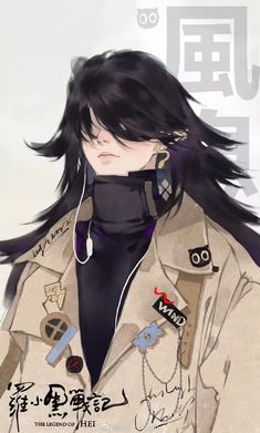 an anime character with long black hair and earphones