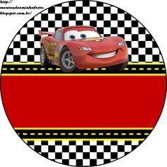 a cartoon character with a checkered background in the shape of a red car on a black and white circle