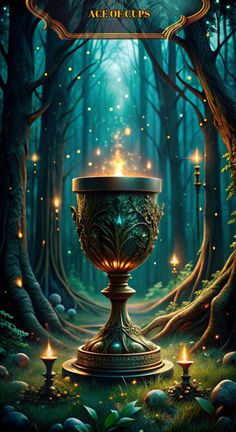 a book cover with an image of a bowl in the middle of a forest, surrounded by candles