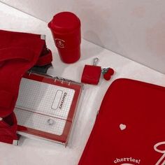 the contents of a red bag and its contents are laid out on a white surface