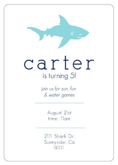 a card with a shark on it and the words,'carter is turning 3 '