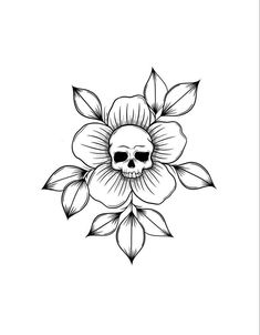 a black and white drawing of a flower with a skull in the middle, on a white background