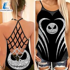 Jack Skellington Criss-Cross Tank Top Shirt (2) – the perfect addition to any summer wardrobe. This top is made from a soft and lightweight material that feels comfortable against the skin. The criss cross design on the back adds a stylish touch to this classic tank top. The open back allows for breathability and freedom of movement, making it perfect for outdoor activities and workouts. The tank top is available in a variety of colors and sizes to suit your personal style and fit preferen Jack Skellington Faces, Cross Tank Top, Criss Cross Tank Top, Cross Design, Effortless Chic, Jack Skellington, Fashion Company, Summer Wardrobe, Criss Cross