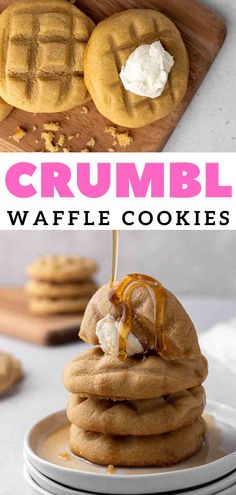 a stack of waffle cookies sitting on top of each other with the words crumbl in front of them