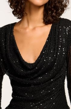 Allover sequins catch the light as your revel in the glamour of a trim top designed with a daringly dipped cowl neckline. Cowl neck Long sleeves Lined 95% polyester, 5% spandex Dry clean Imported Cowl Neck Long Sleeve, Ramy Brook, Cowl Neck Top, Trim Top, Cowl Neckline, Black Beads, Cowl Neck, Sequin, Tops Designs