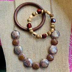 Nice Go Together Bohemian Jewelry Lot Silver Tone Antique Style Beads Necklace Measures - 20" And Closes With A Toggle Clasp Bracelets Measure - Wood Bangle 2-1/2" In Diameter Stretch Wood & Ceramic Bead Bracelet Fits A S-M Wrist Bohemian Jewelry With Wooden Beads, Brown Silver Beads Bracelet Jewelry, Brown Bracelet With Silver Beads, Brown Silver Beaded Bracelet, Adjustable Brown Jewelry With Silver Beads, Bohemian Bracelets With Silver Beads, Adjustable Silver Bohemian Beaded Necklace, Adjustable Metal Beaded Necklace Nickel Free, Adjustable Metal Beaded Necklaces Nickel Free