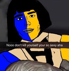 an animated image of a woman with blue and yellow paint on it's face