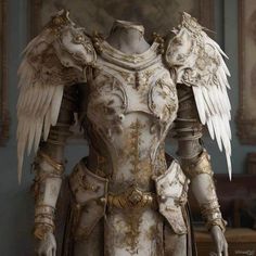 an elaborate white and gold armor with wings on display in a museum setting, surrounded by ornate paintings