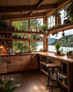 a kitchen filled with lots of wooden furniture next to a window covered in potted plants