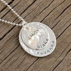 Personalized Necklace Sterling Silver Double by divinestampings Name Pendant, Name Necklaces, Mother Rings, Diamond Solitaire Necklace, Cluster Necklace, Mothers Necklace, Solitaire Necklaces, 14k Gold Necklace, Emerald Necklace