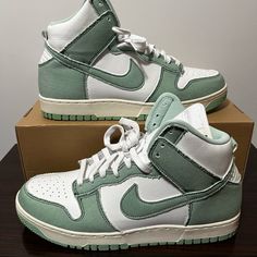 Nike Dunk High 1985 Enamel Green Denim Women's Size 13 Men's 11.5 Dv1143-300 Box Has No Lid Nike Dunk High 1985, Army Green Nikes, Dunk High 1985, Nike Dunks High, Quinceanera Shoes, Painted Sneakers, Preppy Shoes, Jordan Shoes Girls, All Nike Shoes