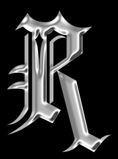 the letter r in silver on a black background