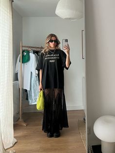 Long Lace Dress Outfit, Summer Ootd Aesthetic, Coachella Street Style, Lace Skirt Under Oversized Shirt, Lace Skirt And Tshirt, Acne Studios Skirt, Sheer Dress Outfit Street Style, Shirt Over Dress Outfit Ideas, Lace Black Skirt Outfit