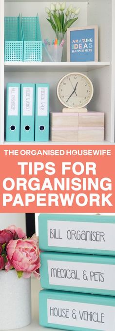 the organized housewife's tips for organizing paperwork in her office, including books and magazines