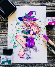 Witch Drawing, Beautiful Witch, Girly Drawings, Dark Art Drawings, Witch Costume, Marker Drawing, Witch Art, Digital Art Illustration, A Witch