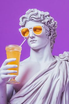 a statue holding a drink in front of a purple background