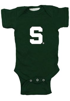 Your future Spartans fan will look cute in this Michigan State Spartans Baby Green Bailey One Piece! This MSU Romper features a heat sealed team logo on center chest. Embroidered team logo on the center chest, Short sleeves, Lap shoulder neckline makes for easy dressing, Bottom snap closure, Soft combed cotton fabric, Ribbed neckline, Ribbed leg opening, Perfect addition for your future athlete!, Fit: True to Size, 100% Cotton, Machine washable Baby Green, Graphic Ideas, Michigan State University, Michigan State Spartans, Easy Dressing, Michigan State, Ribbed Neckline, Simple Dresses, Baby Nursery