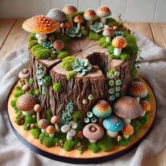 a cake made to look like a tree stump with mushrooms and moss growing on it