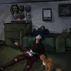 a person with a guitar and a cat in a room