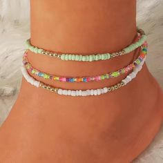 So Cute! 3 Anklets For 1 Price. Anklet Ideas Bead, Beads Anklets Ideas, Summer Beaded Bracelets, Bracelets With Beads, Anklets Diy, Cute Anklets, Beaded Braclets, Beaded Ankle Bracelets, Necklace Outfit